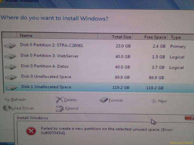 Fix Error 0x8004240f, "Failed to create a new partition on the selected unused space" while installing Windows 7
