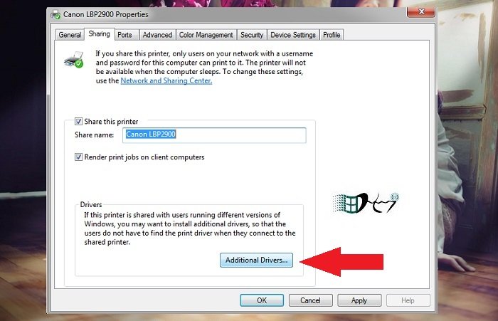 In the Printer properties window, select “Sharing” tab and then click “Additional Driver…”.
