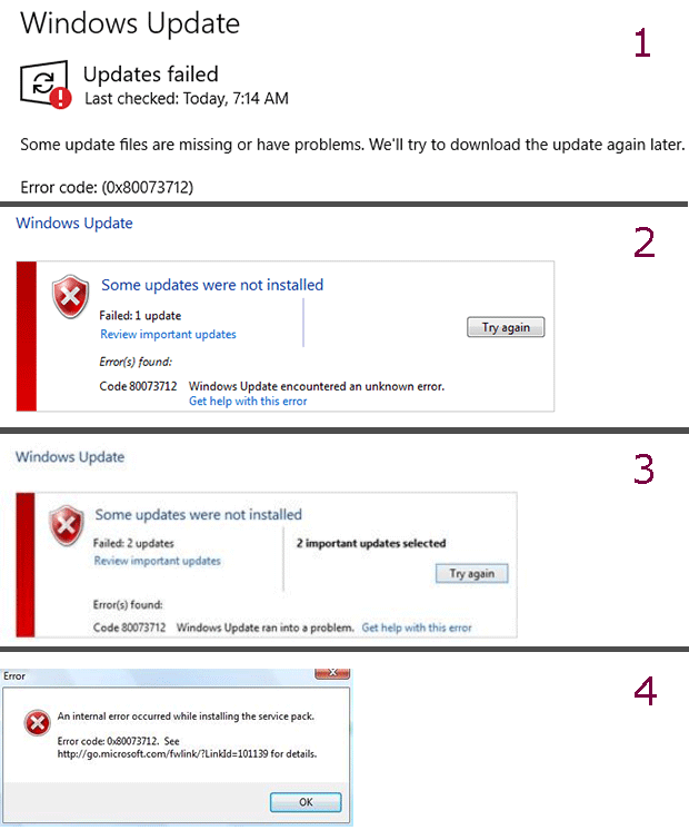 various error messages of the error code 80073712