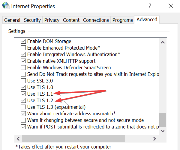 internet options TLS