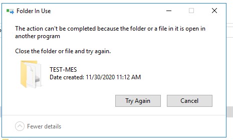 This action cannot be completed because the file is open in another program