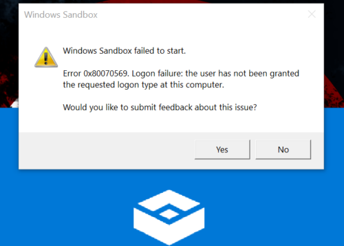 Fixed: Windows Sandbox failed to start user has not been granted