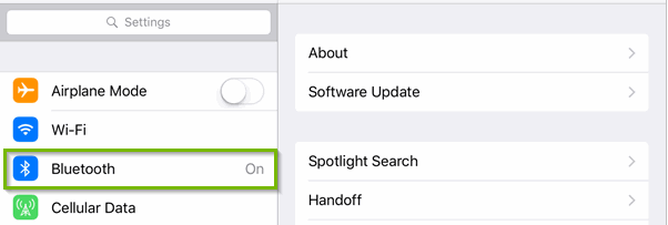 Settings menu with Bluetooth highlighted.