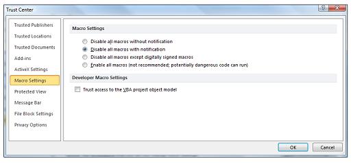 macro settings area of trust center
