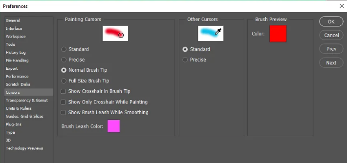 change between the precise cursor and other brush tips