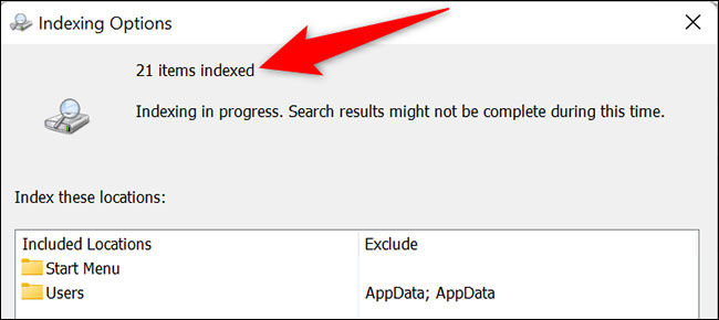 “Indexing Options” window