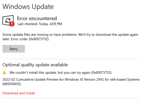 Fix "We couldn t install this update but you can try again 0x80073712"